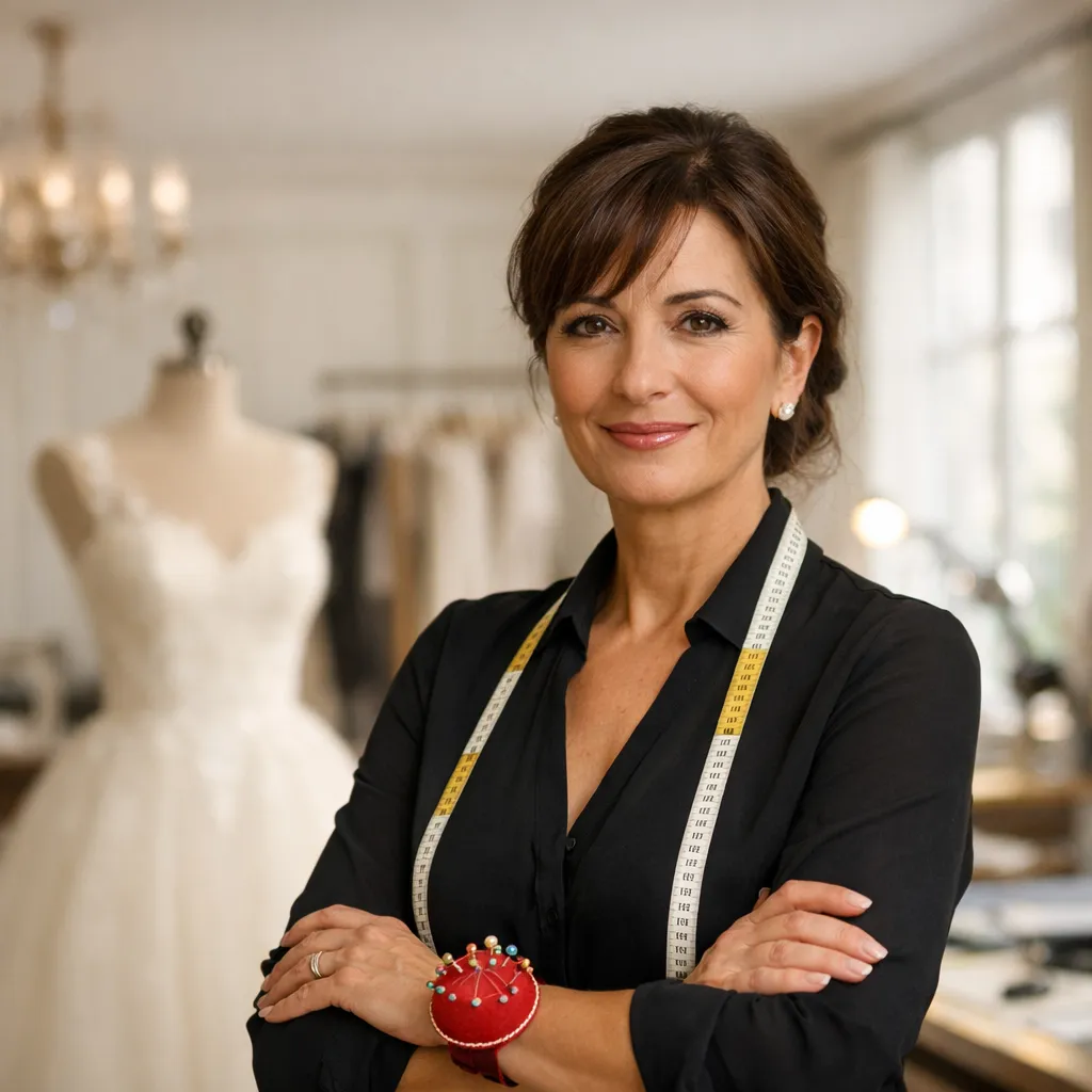 Portrait d'Aurélie, couturière de haute couture, dans son atelier parisien devant une robe de mariée sur mannequin