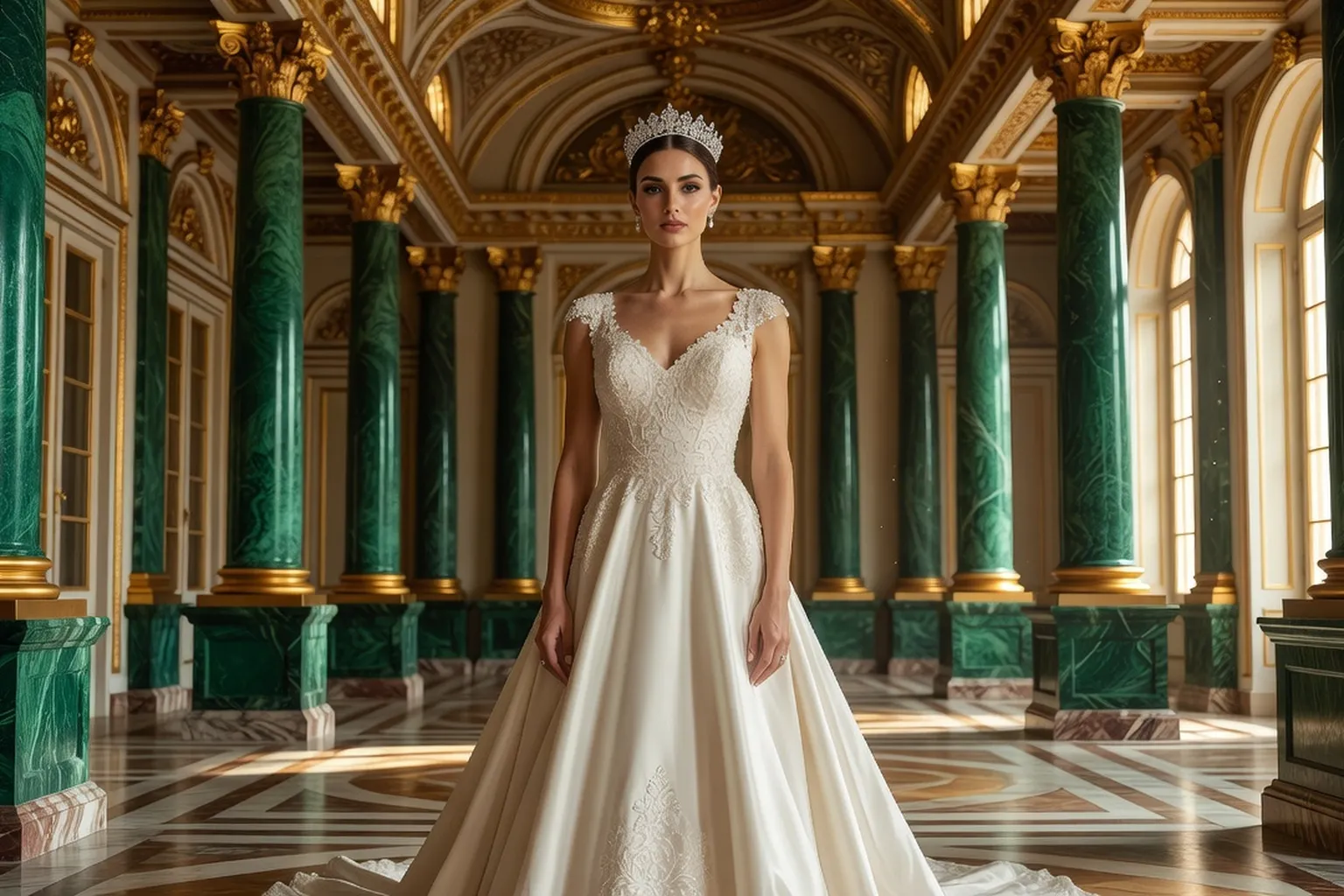Mariée en robe princière ivoire et diadème dans un salon aux colonnes de malachite verte et aux ors, à la lumière de fin de journée